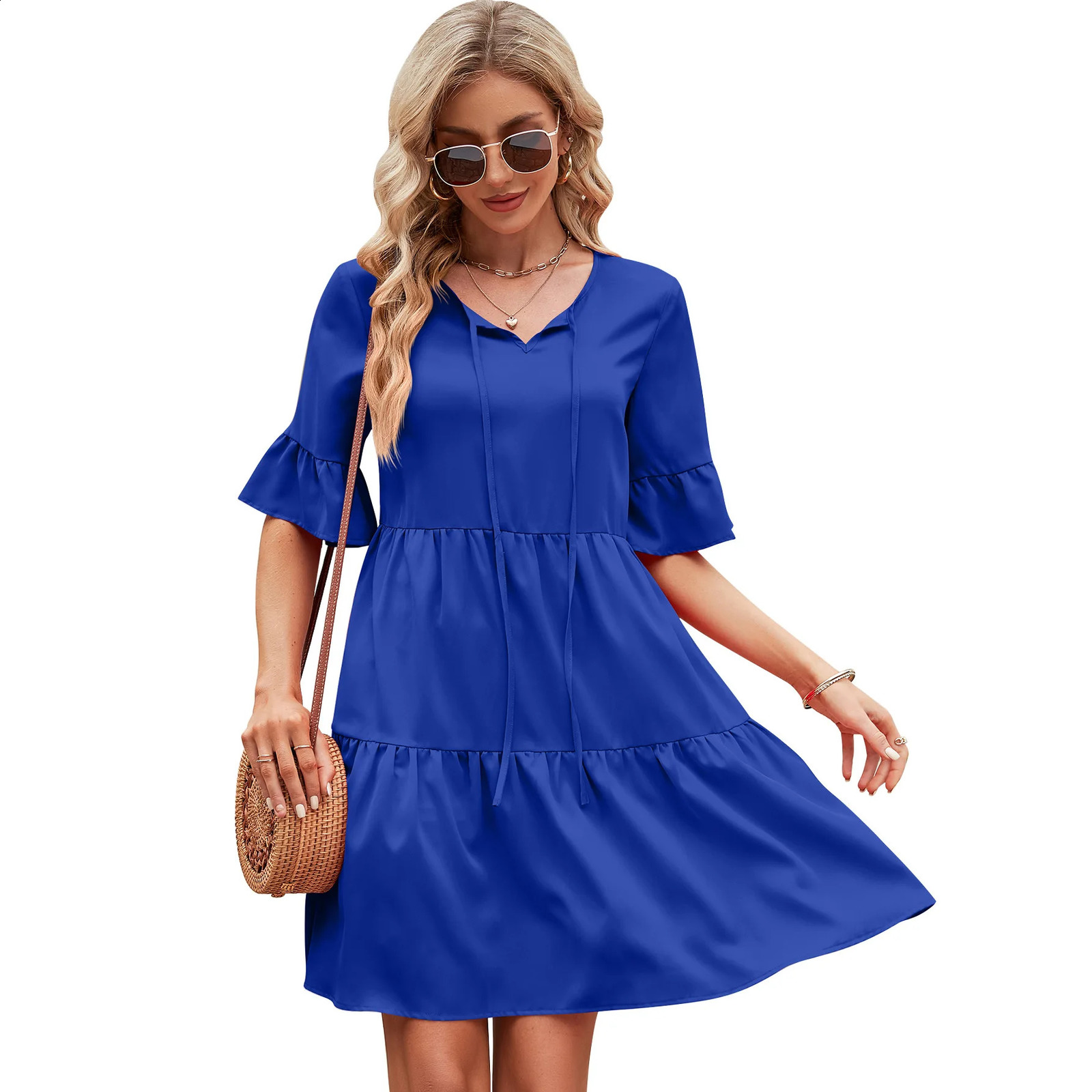 Summer Women Dress Casual Half Sleeved Lace Up Bohemian Dress Female Casual Fold Dress Womens Summer Sundresses 250313