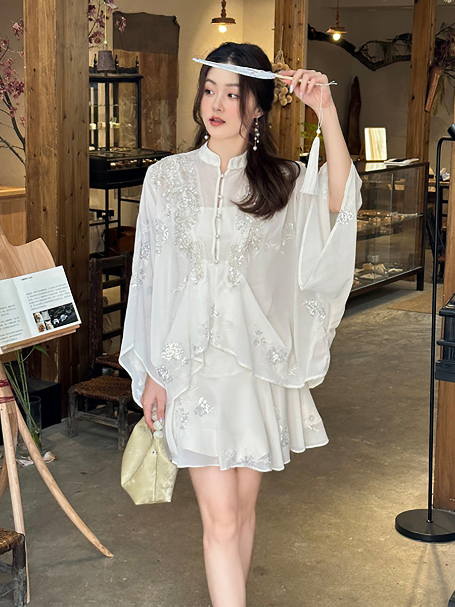D21601 Spring Silver Sequin Embroidered Cape Top A-line Drape Skirt Set