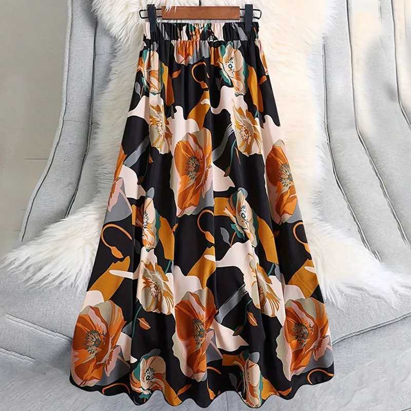 Skirts Black Long Skirt Womens Versatile Flower Print Autumn Elastic Waist Contrasting Color A-line Large Swing Skirt 2025 New Product Y250314G2CW