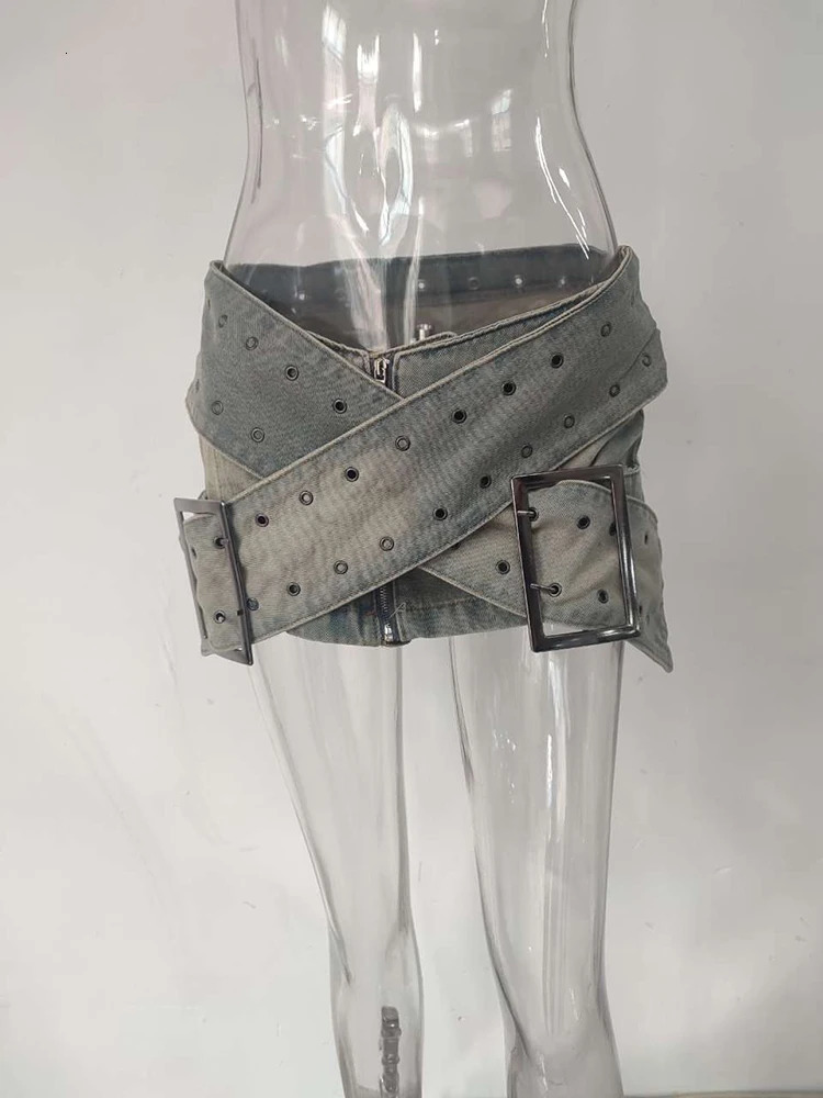LGRQ Y2K Fashion Cross Belt Women Short Skirt High Street Wear Summer Trendy Girl Sexy Mini Denim Jacket 19F1136 250314