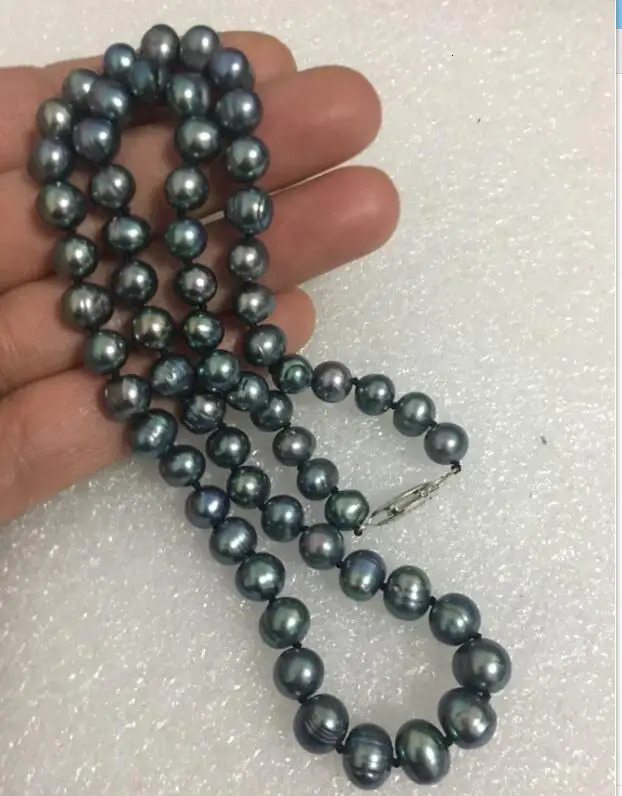 18 Gorgeous 8~9mm natural tahitian black green baroque pearl necklace 42~84cm Lenght 250314