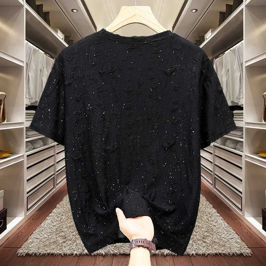 Rhinestone Fashion Men T Shirt Distressed Plus Size 11XL 10XL Black Gray T-shirt Summer Loose Casual Short Sleeve Tee Tops 9XLT250314