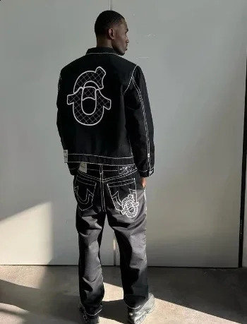 Hip Hop Letter Embroidered Jacket Y2K Streetwear Mens Womens Jeans Two Piece Tracksuit Retro Loose Leather Biker Punk Jacket Set 250313