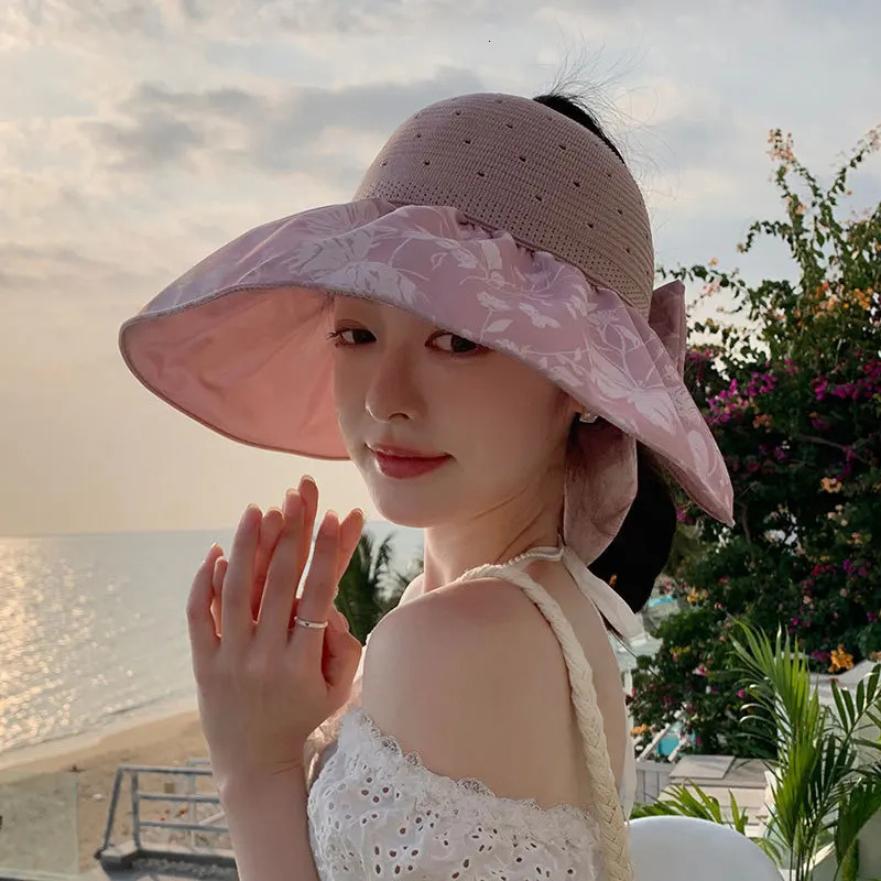 Summer Hats For Women Sun Hat With Flower Bow Empty Top Sun Hat Outdoor Sunshade Korean Style Sunhat Bucket Hat Female 250311