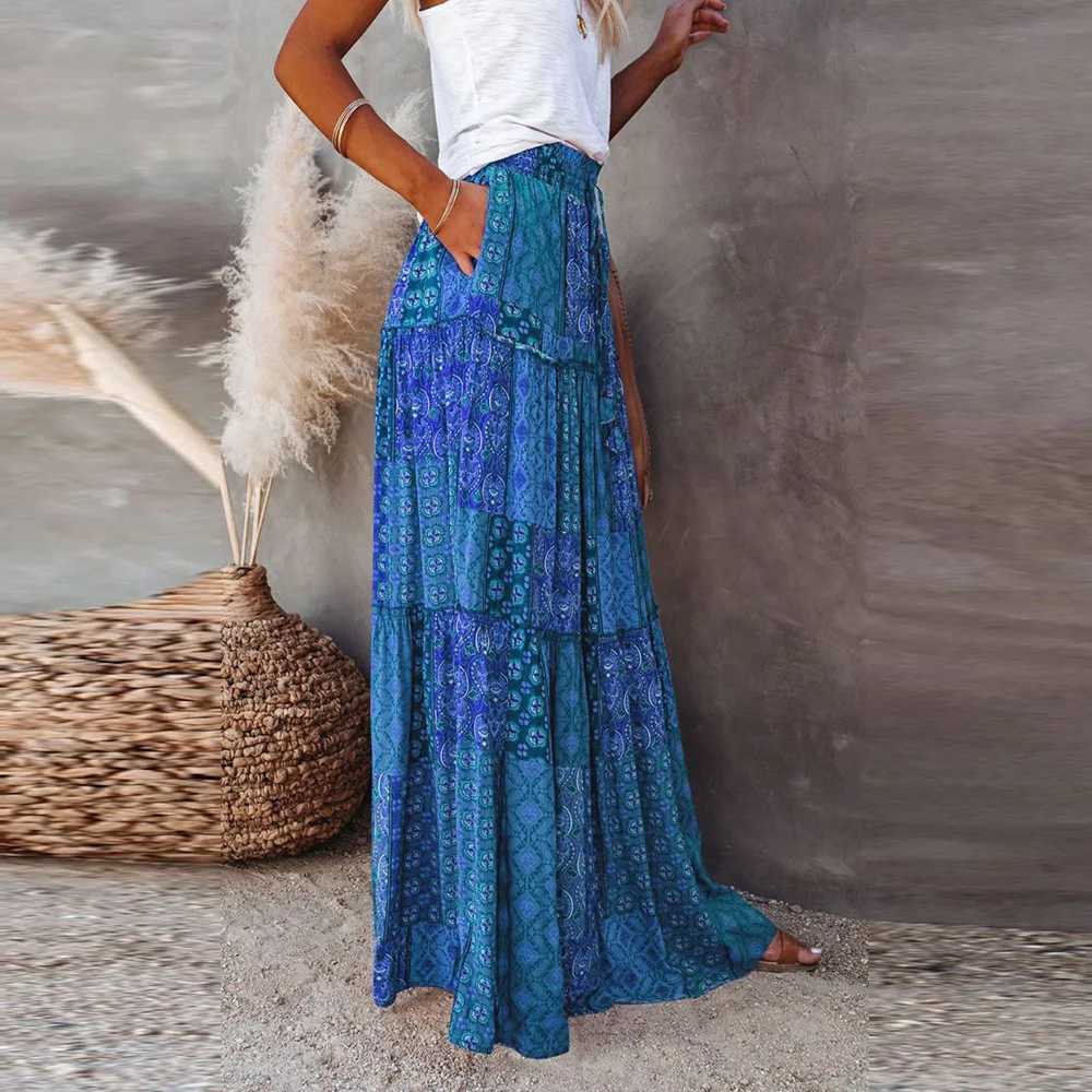 Skirts New long leather retro loose casual high waisted leather Bohemian style patchwork work pleated pocket leather Y250314QZQ8