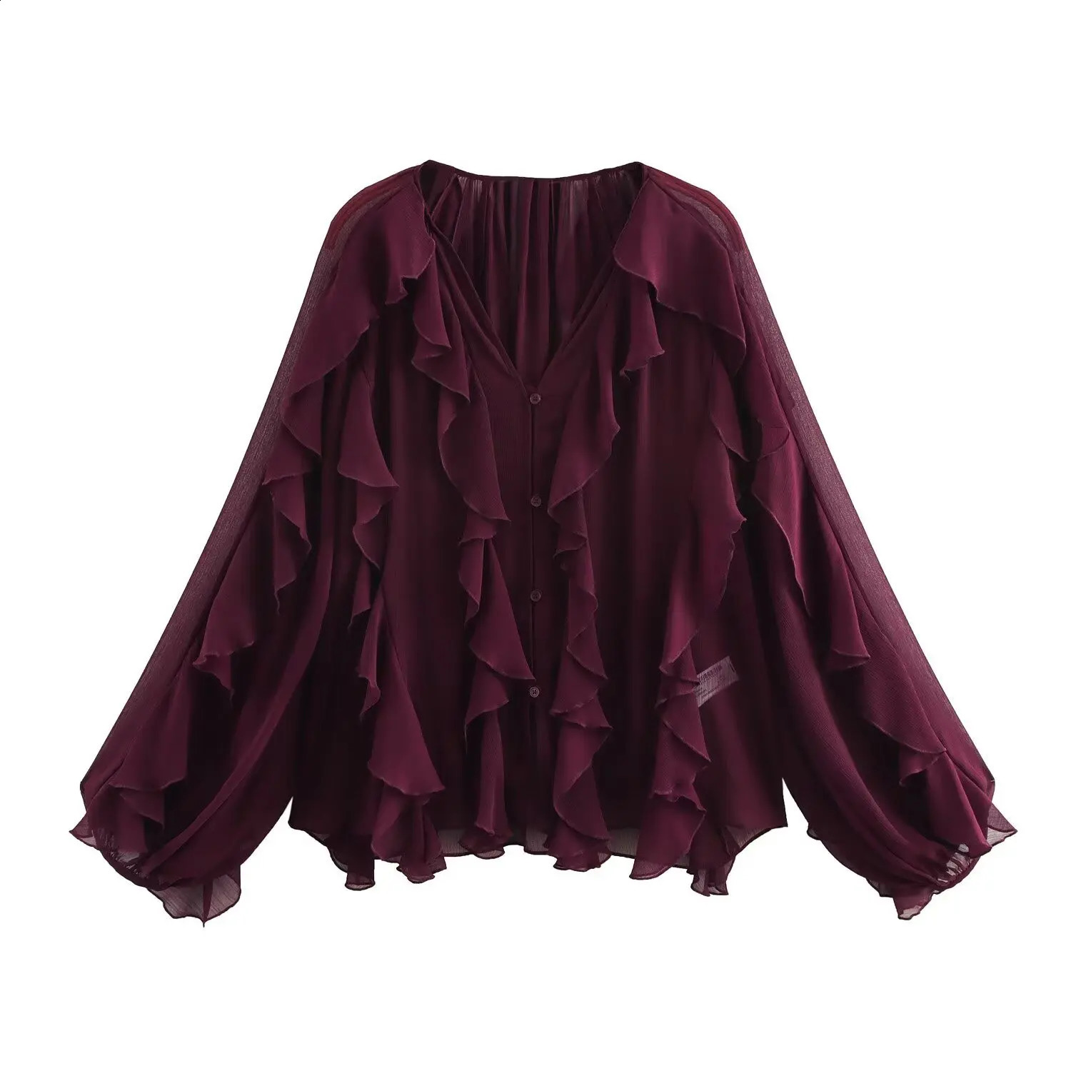 Translucent Layer Ruffle V-neck Loose Blouse Womens Burgundy Long Sleeved Gauze Shirts 2025 Spring Casual Commute Tops 250313
