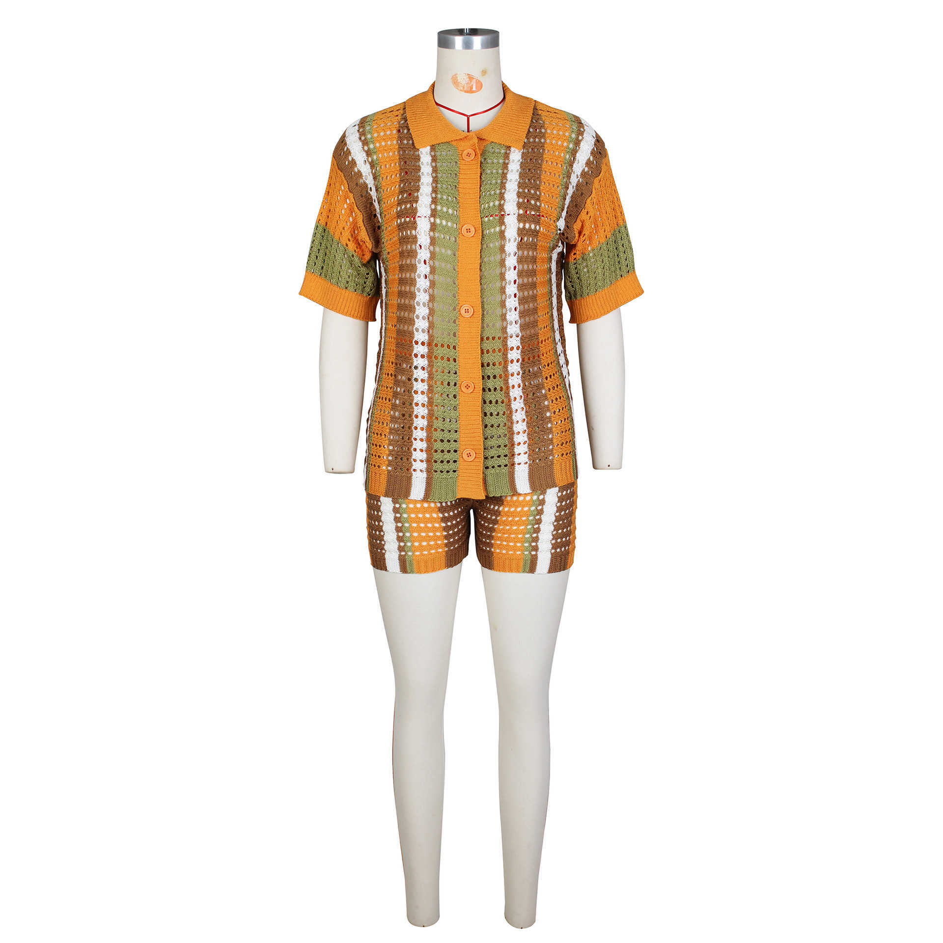 Womens sexy womens hollowed out perspective contrasting lapel knit shorts set T250313