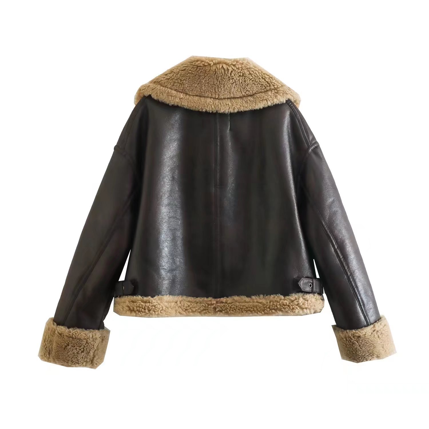 Fashion Lapel Lamb Wool Leather Jacket Women Winter Long Sleeve Zipper Thickened Coat Casual Chic Female Warm Outerwear 240131