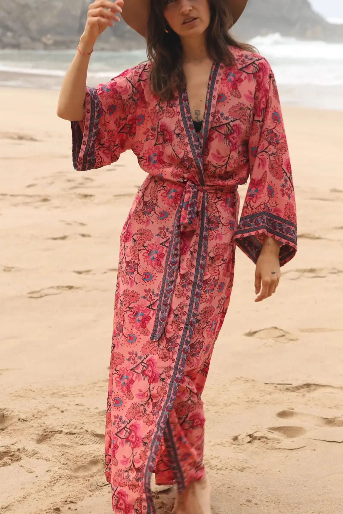 Beach Cover Ups Retro Kimono Pareo Flower Printed Womens Swimsuit with Belt Summer Holiday Direct 250314
