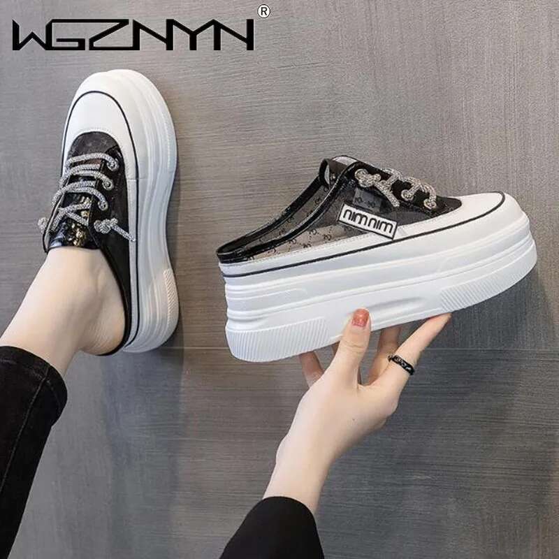 2025 New Baotou Women's Half Slippers Designer Trendy Fashion Mesh Breathable Heerless Thick Bottom White Shoes1
