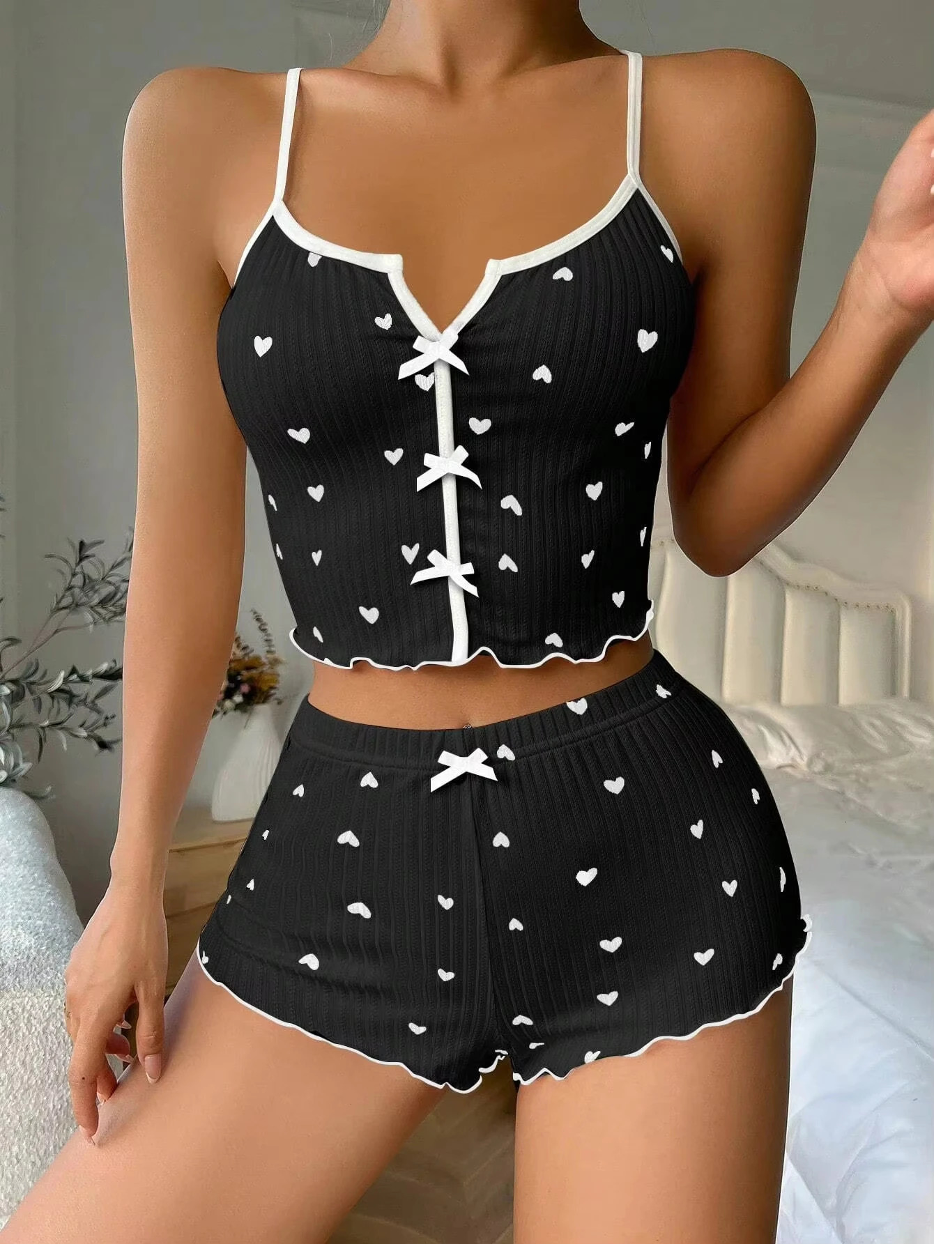 Women Cute Pajama Set Heart Print Lettuce Trim Bow Front Cami Top and Shorts Pj Set Soft Sleepwear 250314
