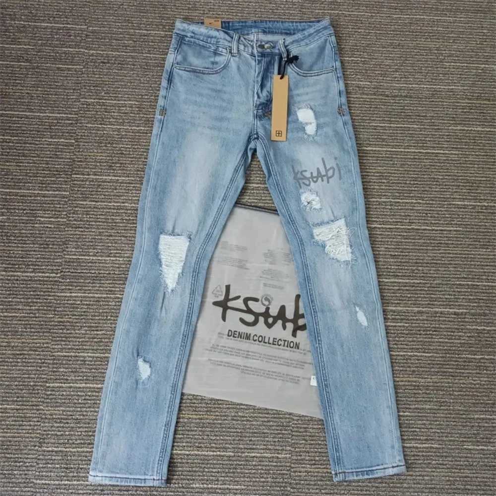 Black Blue Fashion Men KSUBI Cross Jeans Brand High Street Hole Trend Low Rise Skinny Denim Pants Ripped Frayed TrousersT250314