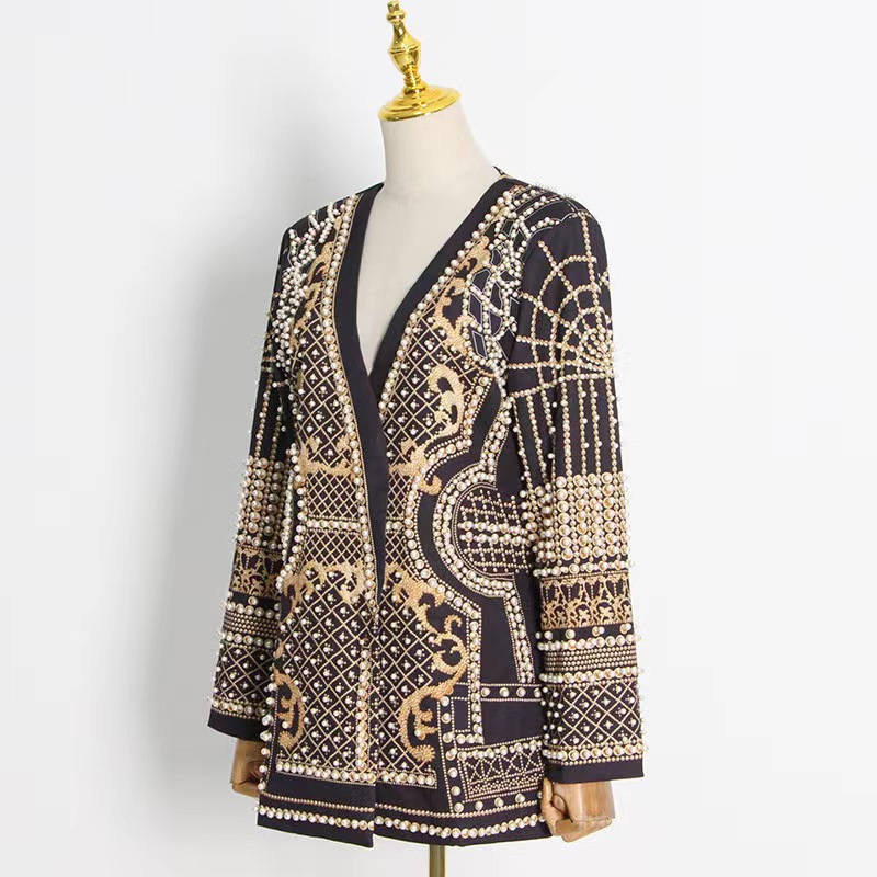K311Classic V Neck Thick Knit Blazer - Elegant Bubble Bead Pattern