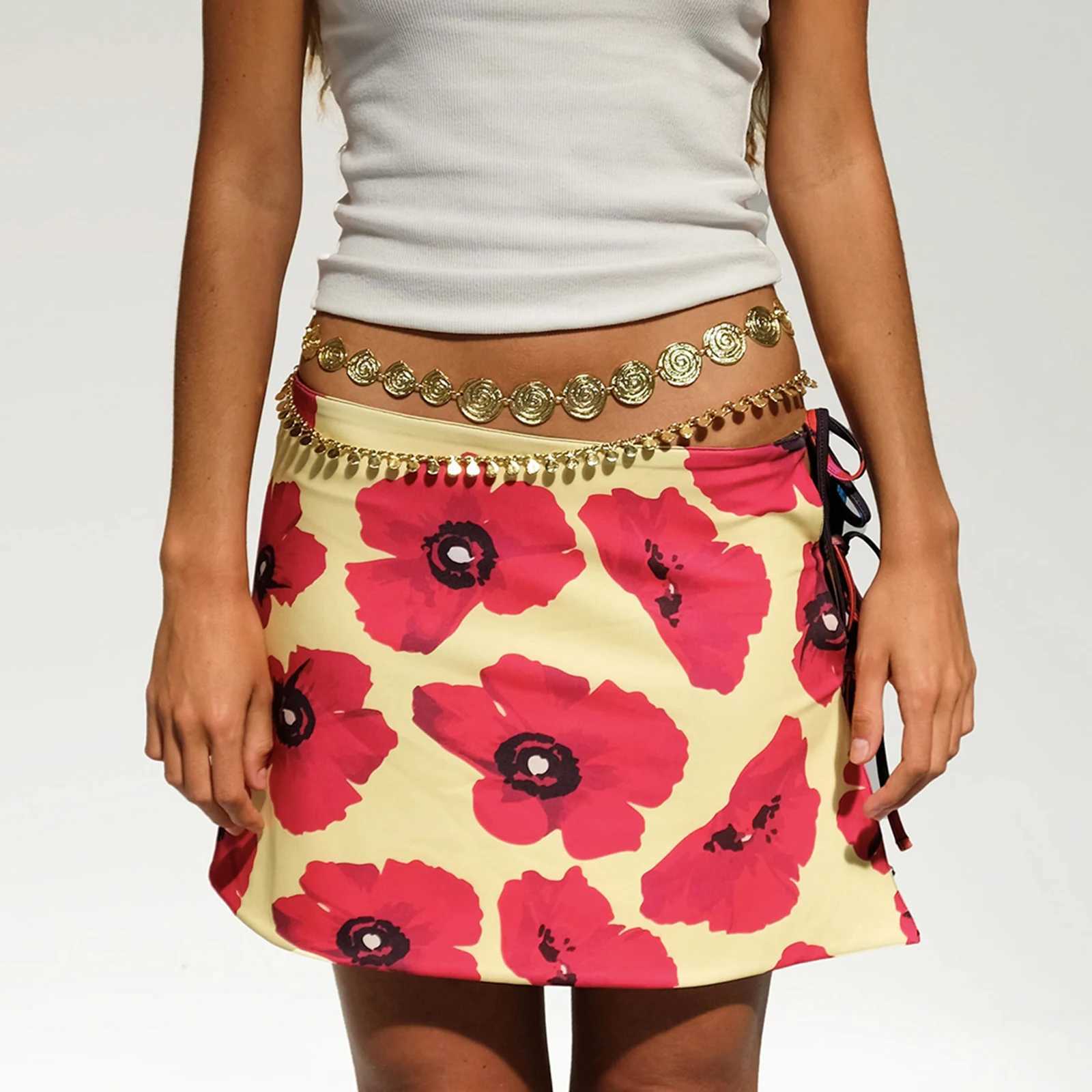 Skirts Womens Y2K retro slim fit tie with floral print low waist side split tie party mini A-line skiing Y250314F78X