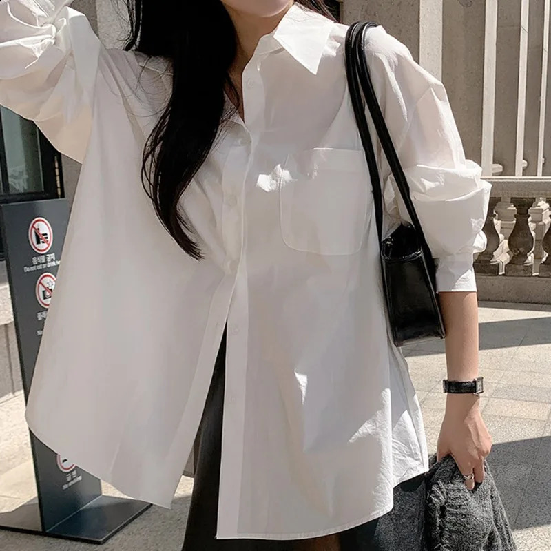2025 Spring Minimalist Chic Oversize Womens White Basic Shirt Long Sleeve Button Up Loose Woman Tunic Blouse Clothing Matching 250311