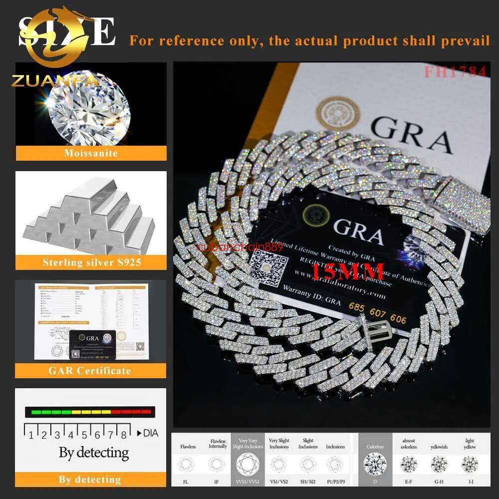 Cuban bracelet necklace sterg sier GRA Certificate hip hop 15mm double row iced out moissanite dia cuban k chain