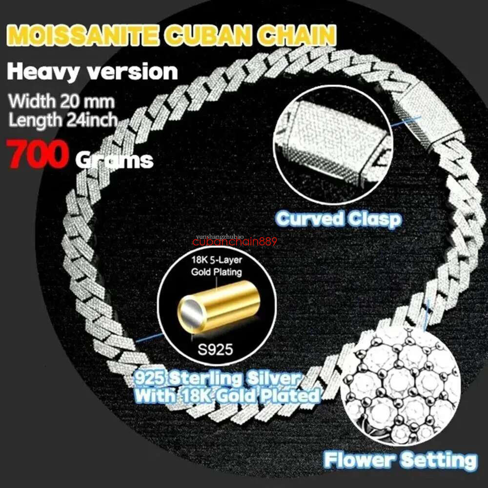 Hip Hop Rapper Mossanite Necklace Jewelry Vvs Sterg Sier 20mm Black Dia Moissanite Cuban k Chain