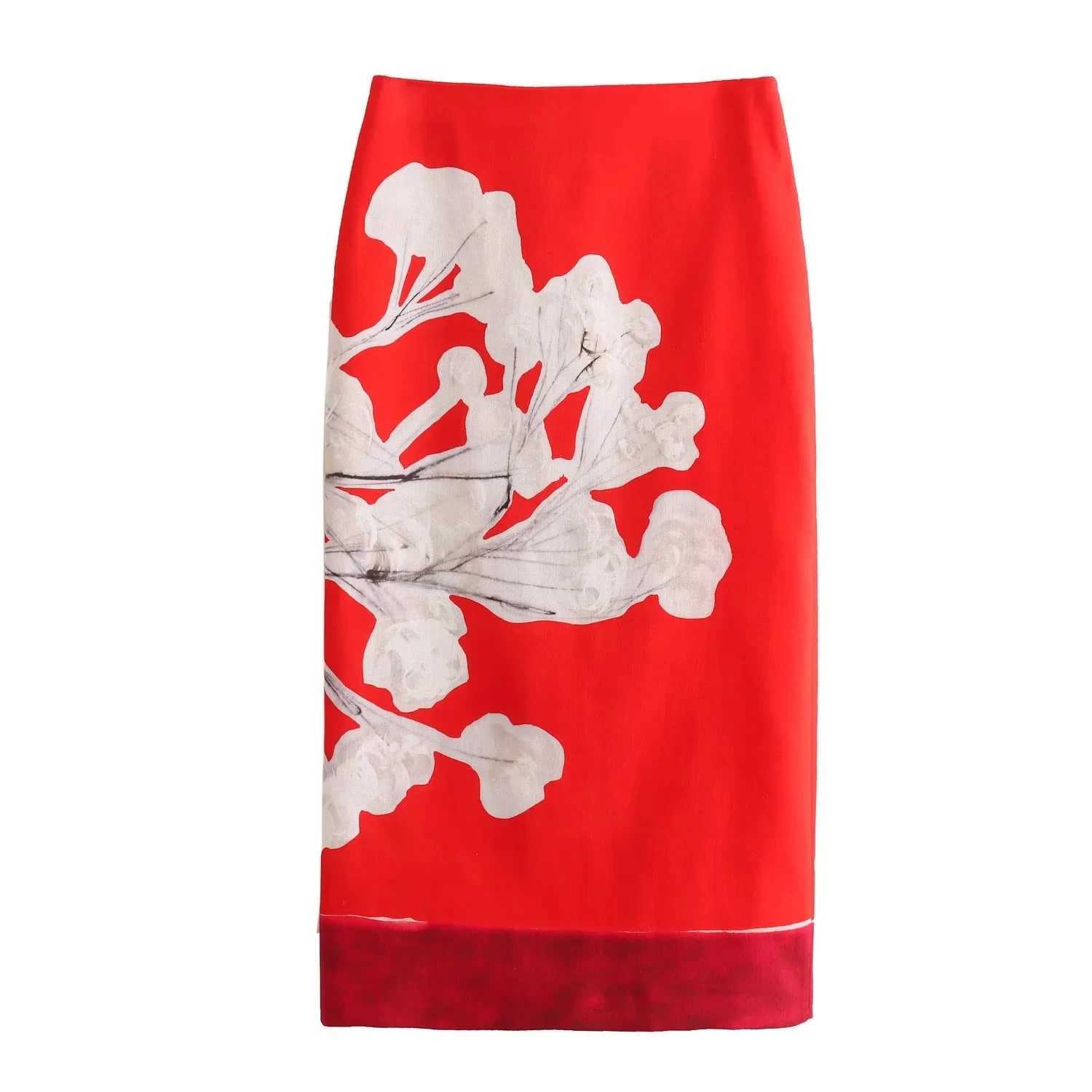 Skirts KAOPU ZA Womens Elegant Red Skirt Side Zipper Back Seam Straight Skirt Womens Linen Printed Blended Straight Skirt Half Skirt Y2503142S6N