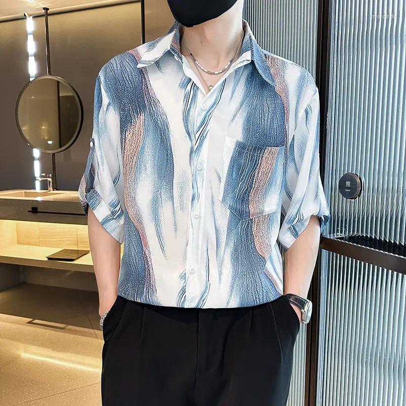 Trendy Mens Ice Silk Floral Three-Quarter Sleeve Korean Style Summer Casual Loose Fit High-End Asian Shirts