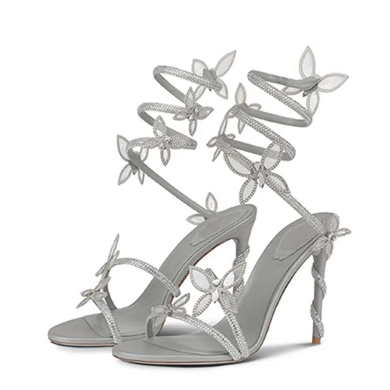 Aneikeh2025 Fashion Sexy Shiny Crystal Rhie Butterfly wer High Heels Women's Summer PU Round Head Sandals Wedding Dress