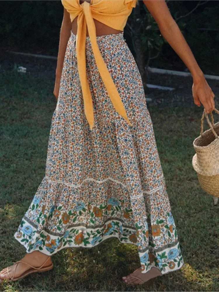 Skirts Retro floral print beach bohemian pleated womens skiing 2025 summer fashion cotton high waisted long skirt womens beach skiing Y2503148D49