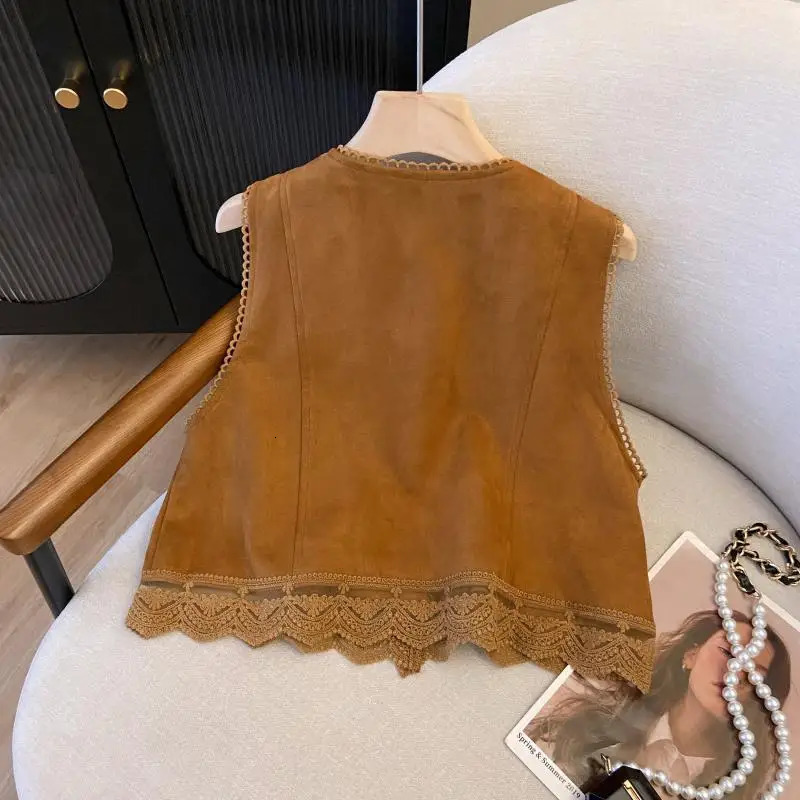 Womens Suede Vest Lace Patchwork Waistcoat 250314
