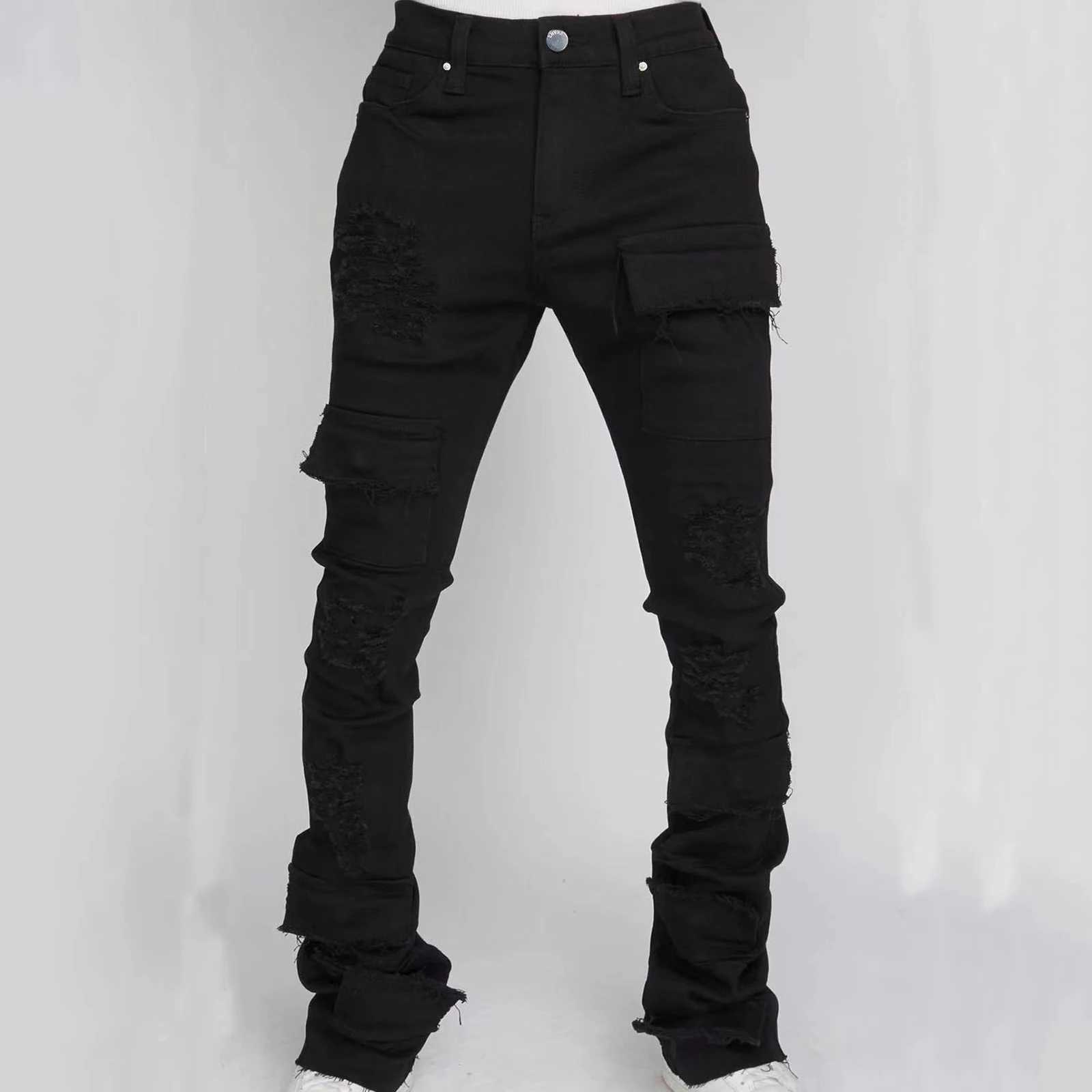 Mens Stacked Jeans Slim Fit Ripped Jeans Destroyed Straight Denim Pants Harajuku Hip Hop Trouser Fashion StreetwearT250314