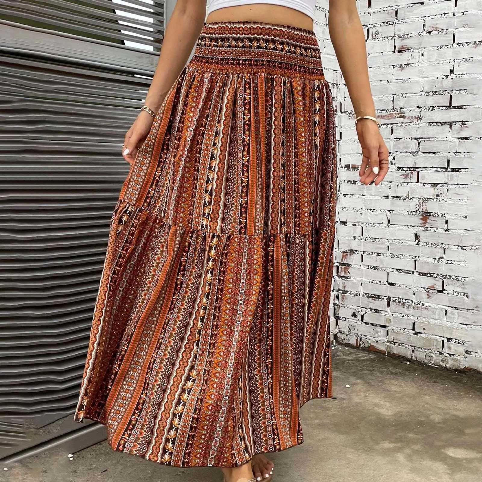 Skirts Vintage Bohemian womens summer elastic waist A-line Faldas Bohemian print Flowy skiing beach swing Maxi long skiing Y250314DOP1