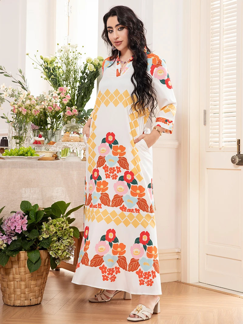 2025 Spring Arrival Sweet Vacation-Style V-Neck Floral Color-Blocked Long-Sleeved Midi Dress 250313