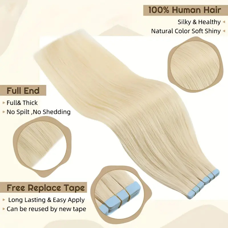 Natural Human Hair Extensions 20Pcs Each Pack Tape In Hair Extensions 12-24 Inch Lightweight and Reusable Hair Pieces Comfortable Hair Wefts