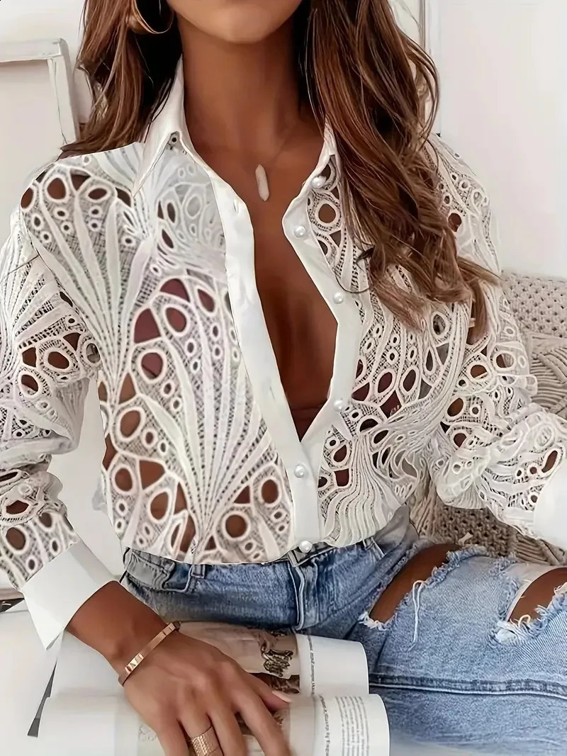 Plus Size 1XL-5XL Womens Hollowed Out Long Sleeved Shirt Casual Solid Color Button Up Shirt with Lapel and Open Front Shirt 250313