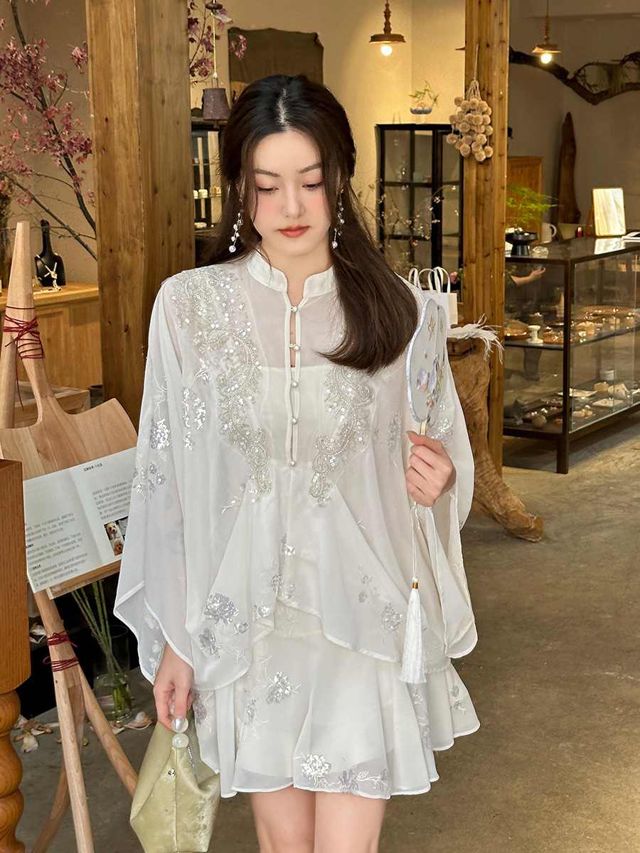 D21601 Spring Silver Sequin Embroidered Cape Top A-line Drape Skirt Set