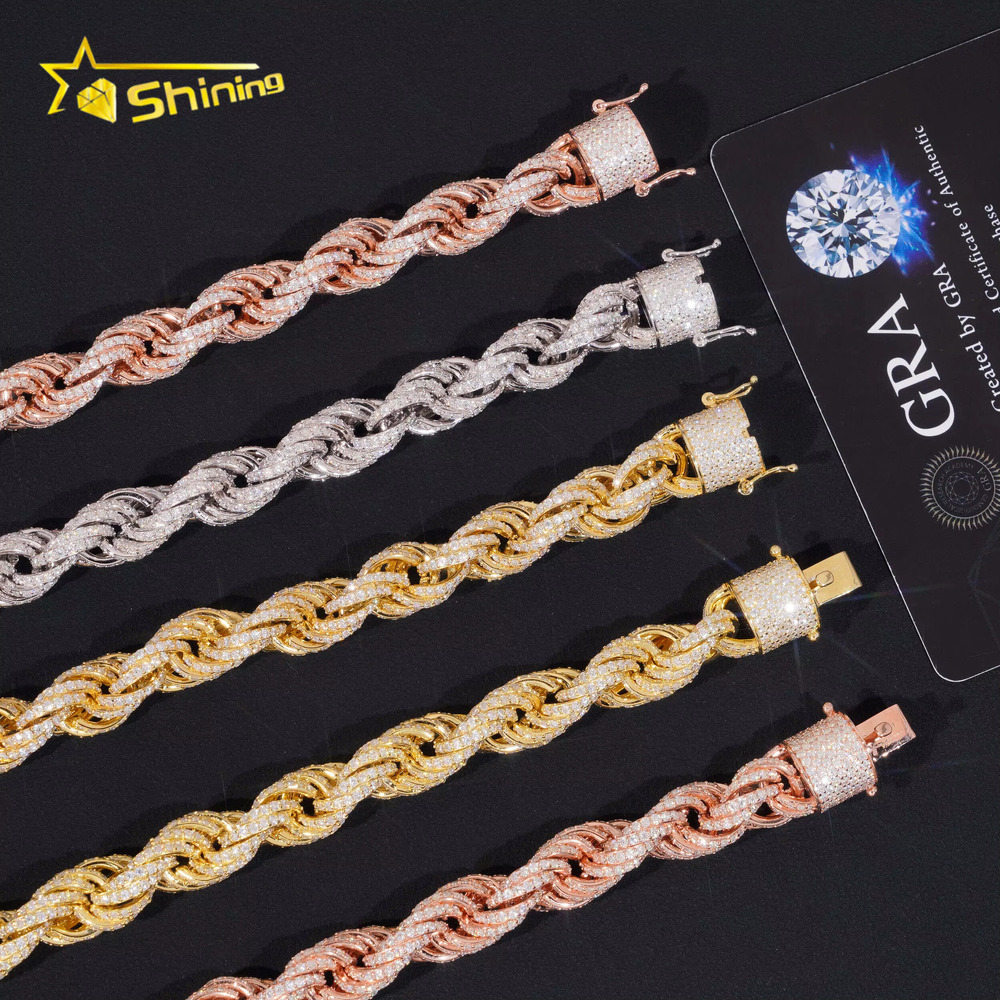 Iced Out Moissanite Rope Chain Sterling Silver 925 Gold Plated Moissanite 10mm Bracelets Hip Hop Mens Jewelry