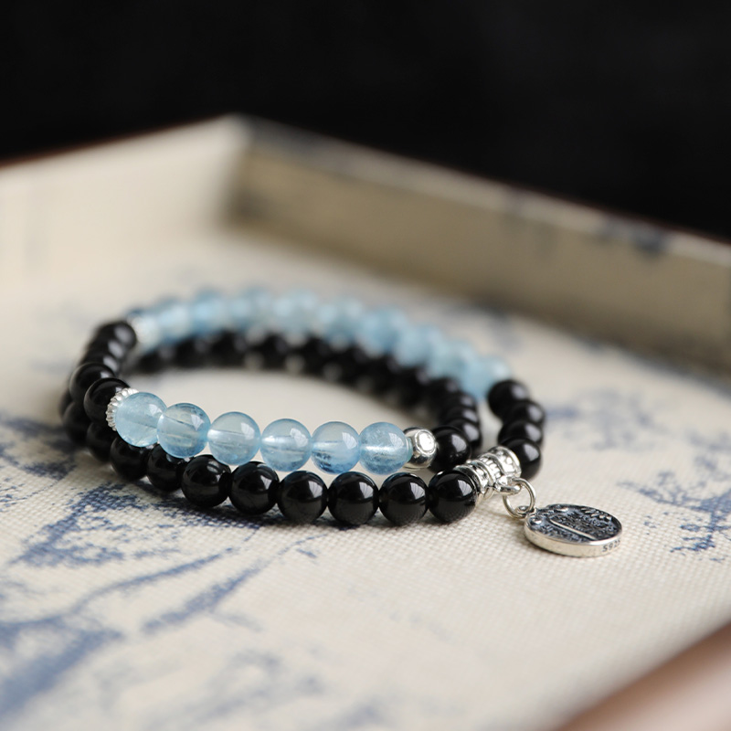 Putuoshan fortune transfer natural obsidian aquamarine string sterling silver five-way God of Fortune double circle crystal bracelet female
