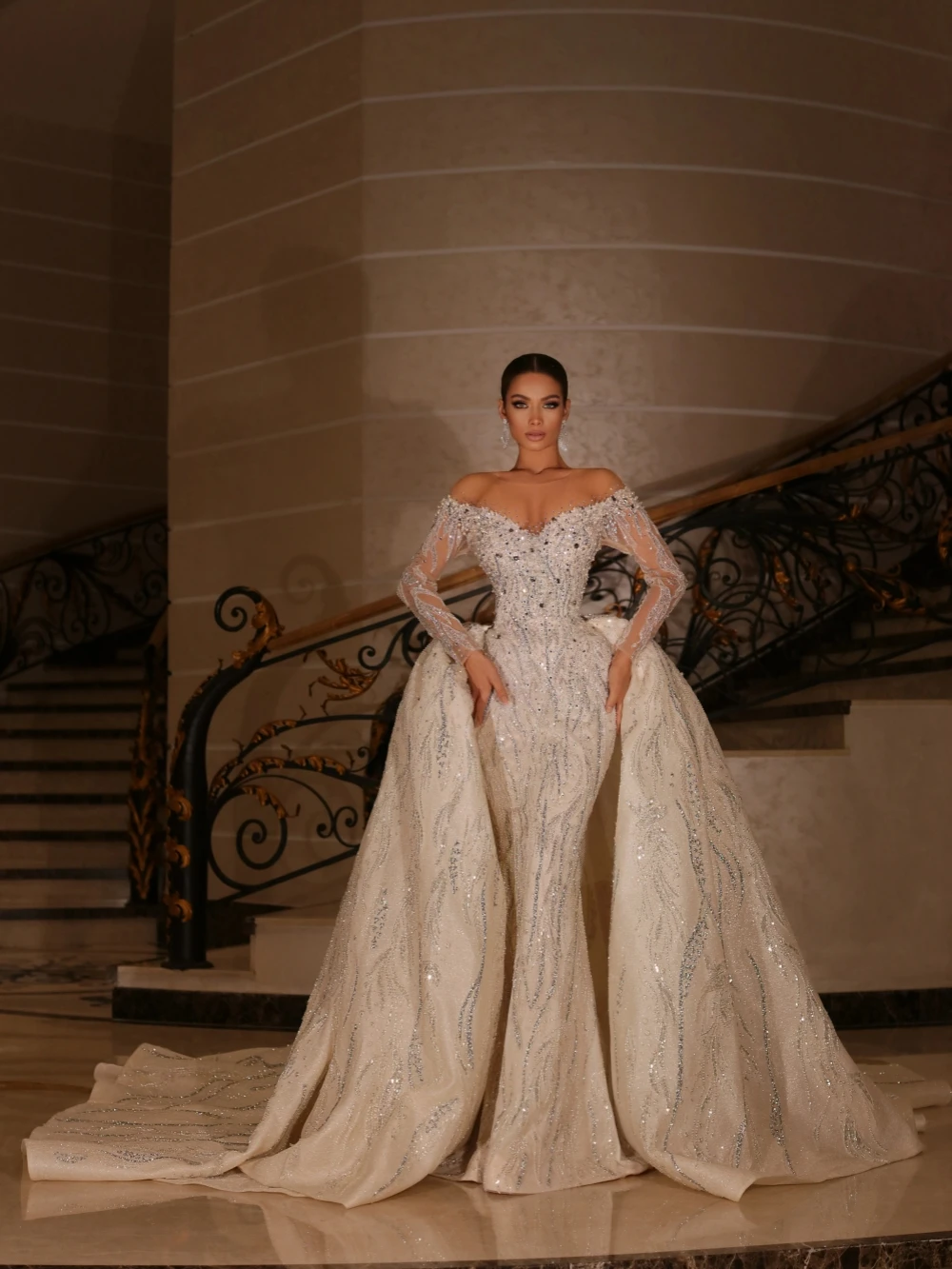 Mermaid Wedding Dress Off Shoulder Long Sleeves Bridal Gowns Sequins Crystal Pearls Detachable Train Dresses Custom Made vestidos de novia