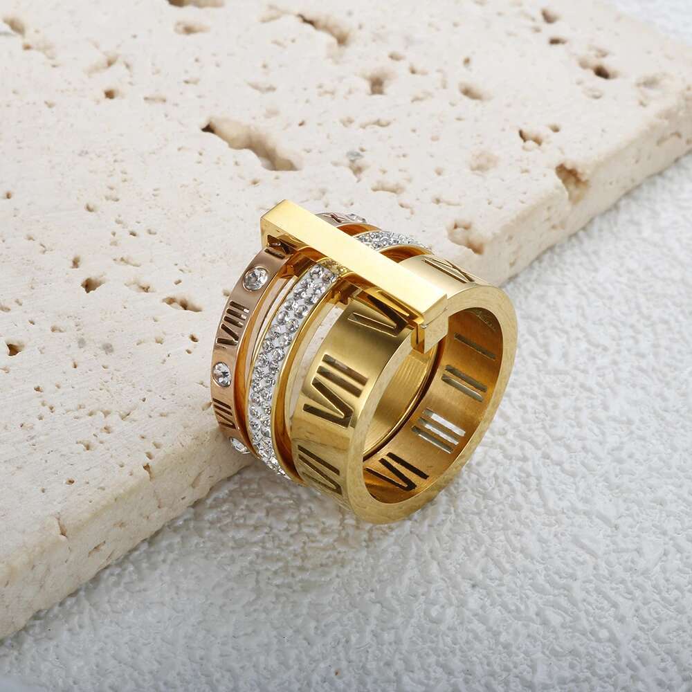 Three Layers Roman Numerals Ring for Women Stainless Steel Rotatable Crystal Finger Rings Female Wedding Trendy Jewelry