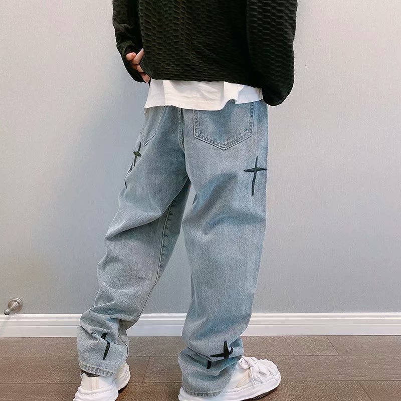 Boyfriend Vintage Fashion Straight Casual Loose Denim Cargo Pants Men Designer Prints Star Jeans Streetwear Loose Wide Leg Jeans R250314
