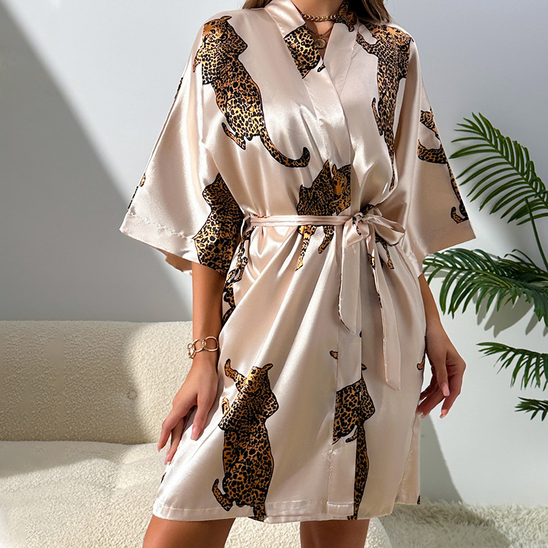 Chic Imitation Silk Tied Bathrobe & Cardigan Combo - Comfortable Ladies Sleepwear