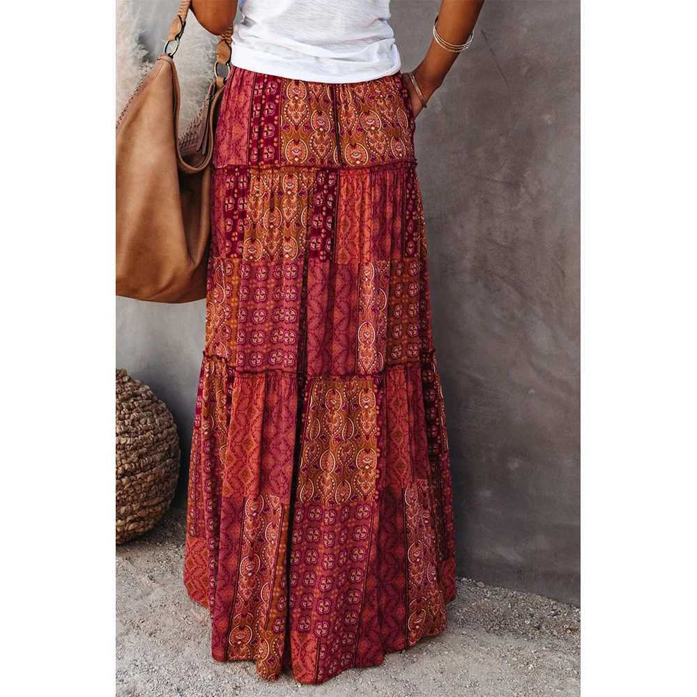 Skirts New long leather retro loose casual high waisted leather Bohemian style patchwork work pleated pocket leather Y250314QZQ8