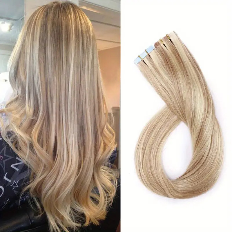 Tape In Hair Extensions Double Sided Real Human Hair Extensions Silky Straight Color 12-24 Inch 20Pcs Per Pack Hair Pieces Lightweight Invisiable Comf