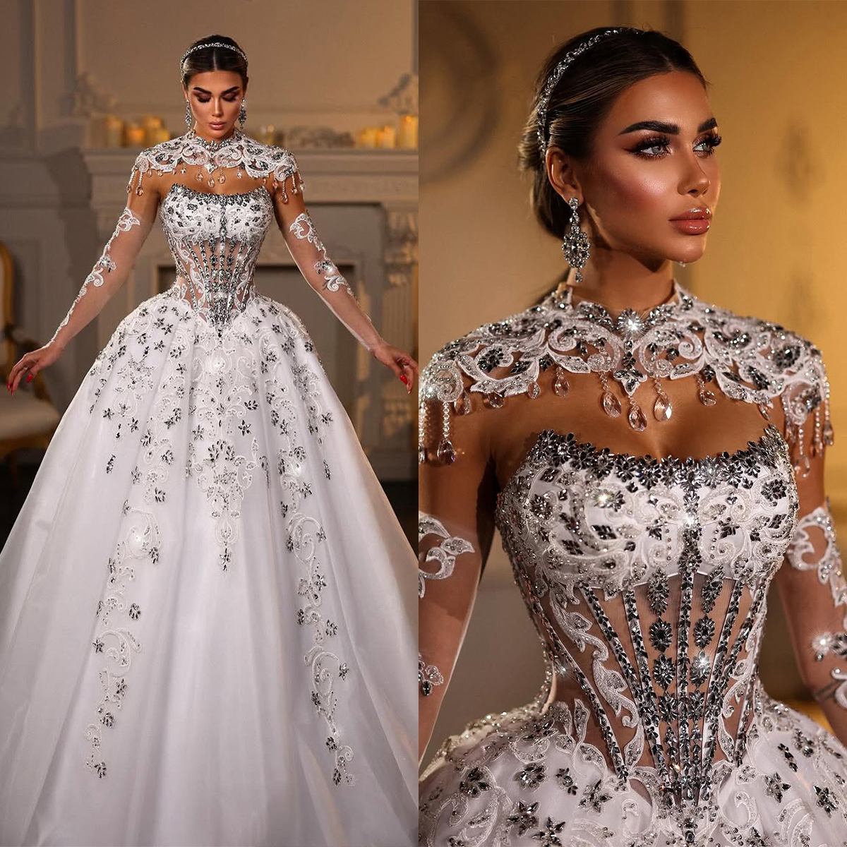 Fashion Wedding Dress Crystal High Neck Bridal Ball Gowns Appliques Strapless Shiny Unique Design Custom Made Princess Bride Dresses Vestido De Novia 
