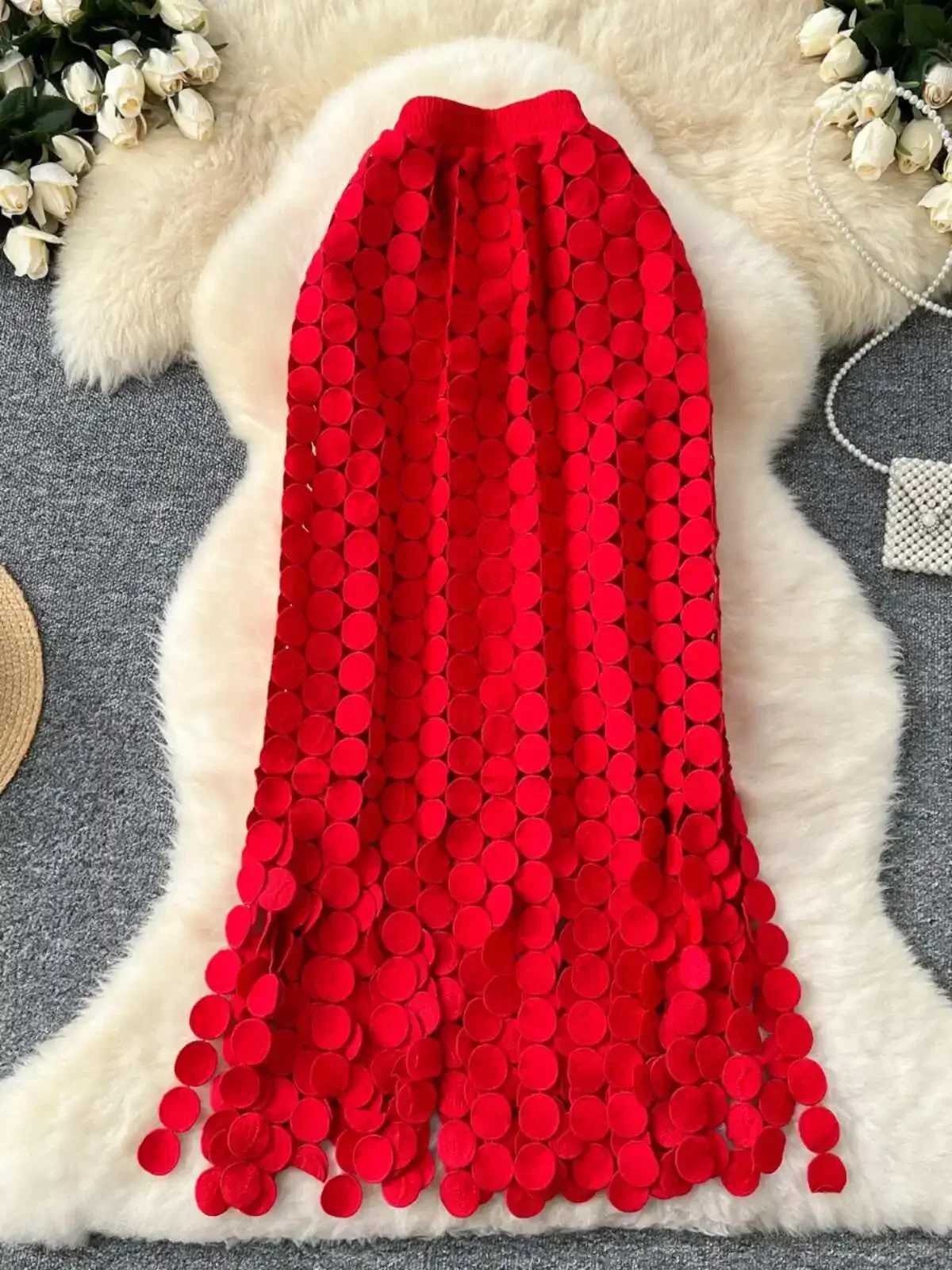 Skirts Womens tube skirt hollow polka dot tassel autumn new high waist weight loss medium long straight party sexy Faldas women SK008 Y250314K1NC