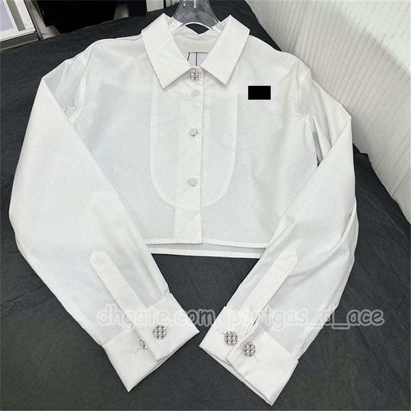 Designer Women Cropped t Shirt Tops Luxury Long Sleeve Rhinestone Buttons Short Blouse Summer Vacation White Shirt