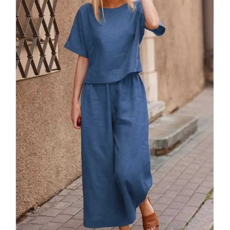 New casual women set loose solid color shirt with cotton and linen patchwork round neck short sleeved top and pants twopiece setT250314