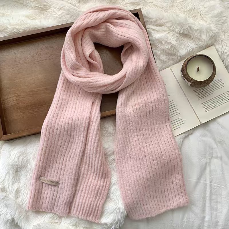 K122 Scarf Women Winter High-end 2024 New Style Pure Color Imitation Wool Thickening Warm Wool Knitted Scarf Wholesale