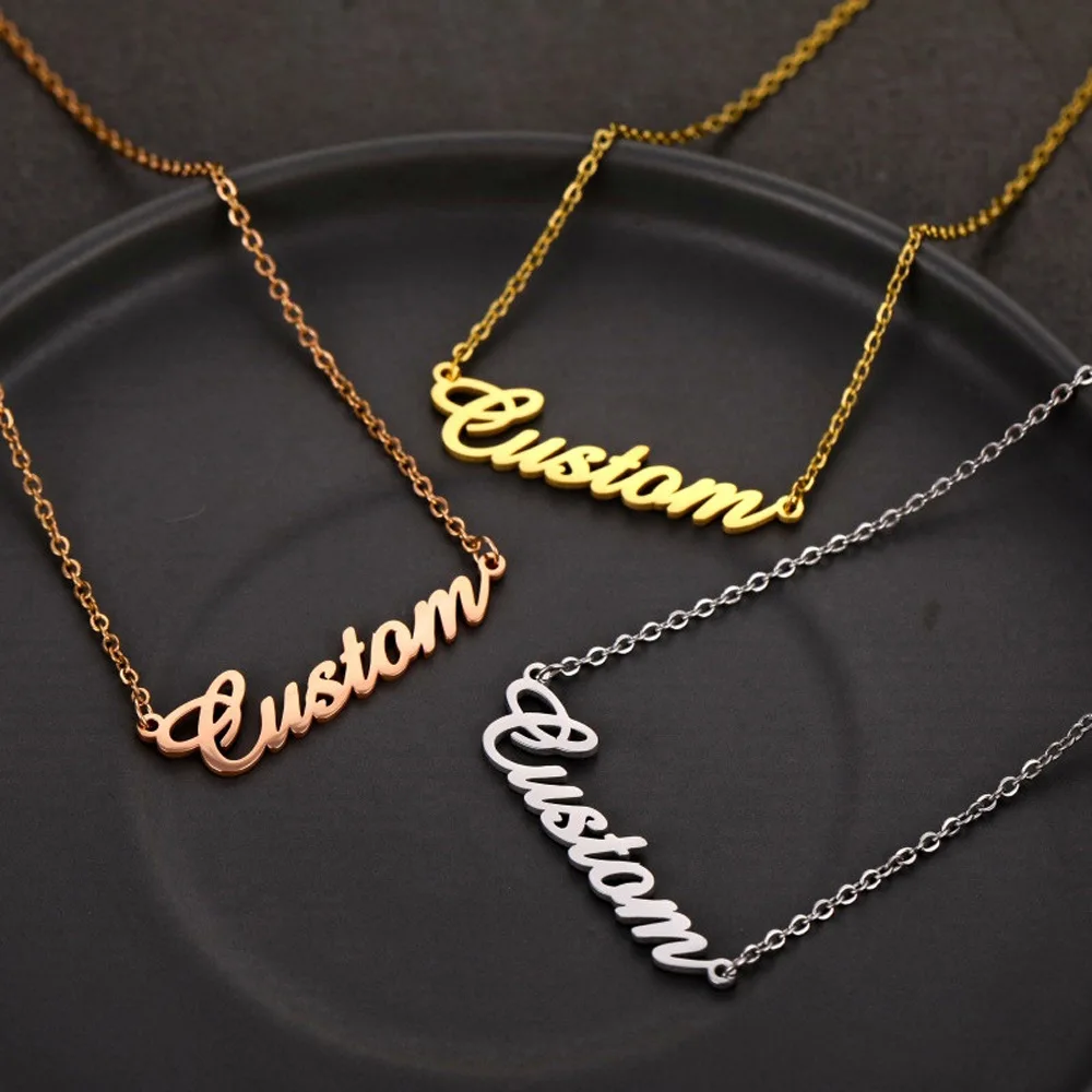 Unisex Personalization Jewelry: Gold Plated Stainless Steel Name Tag Necklace with Engravable Design