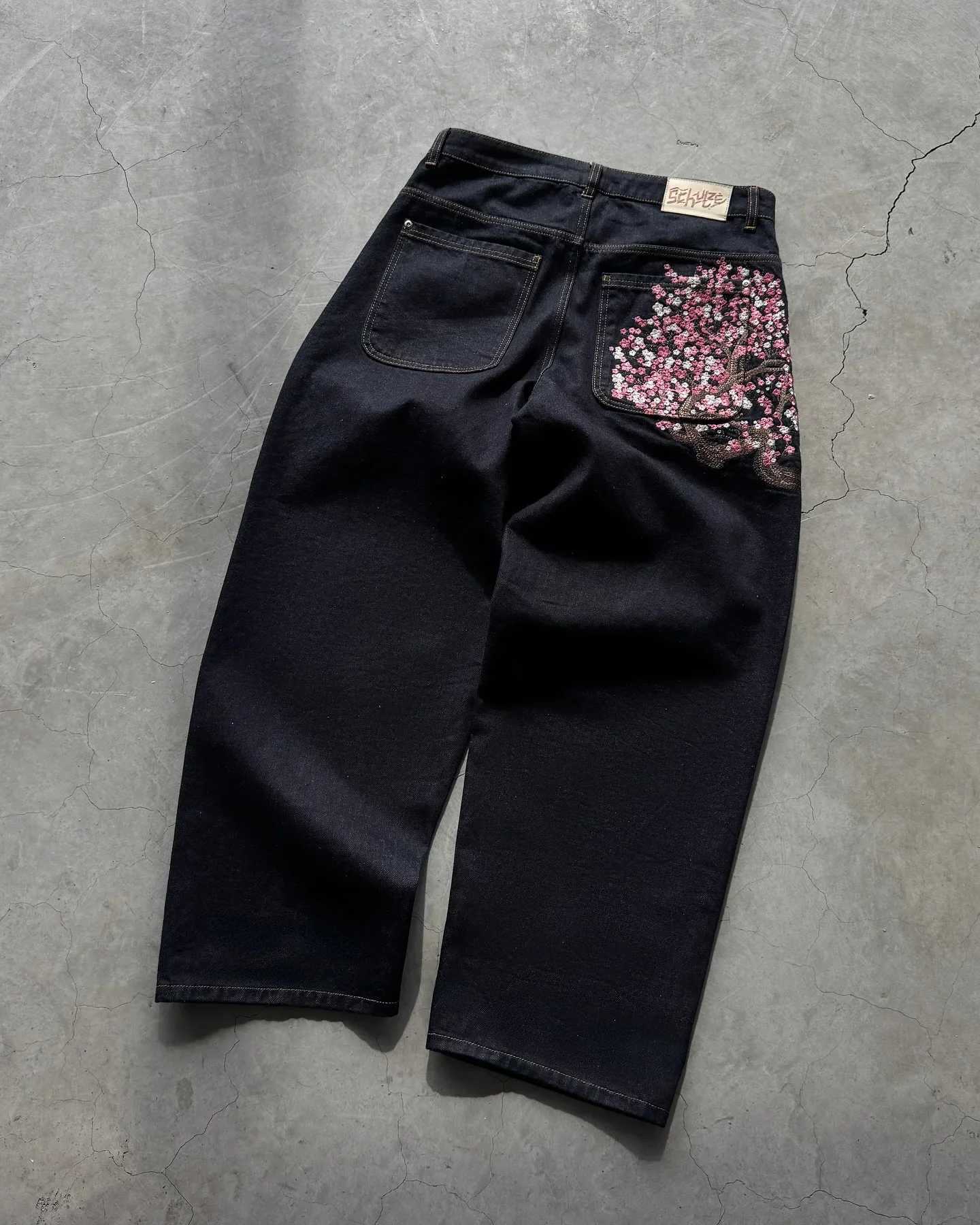 Retro 90s embroidered cherry blossom high waist straight wide-leg jeans y2k American niche Harajuku style skateboard pantsT250314