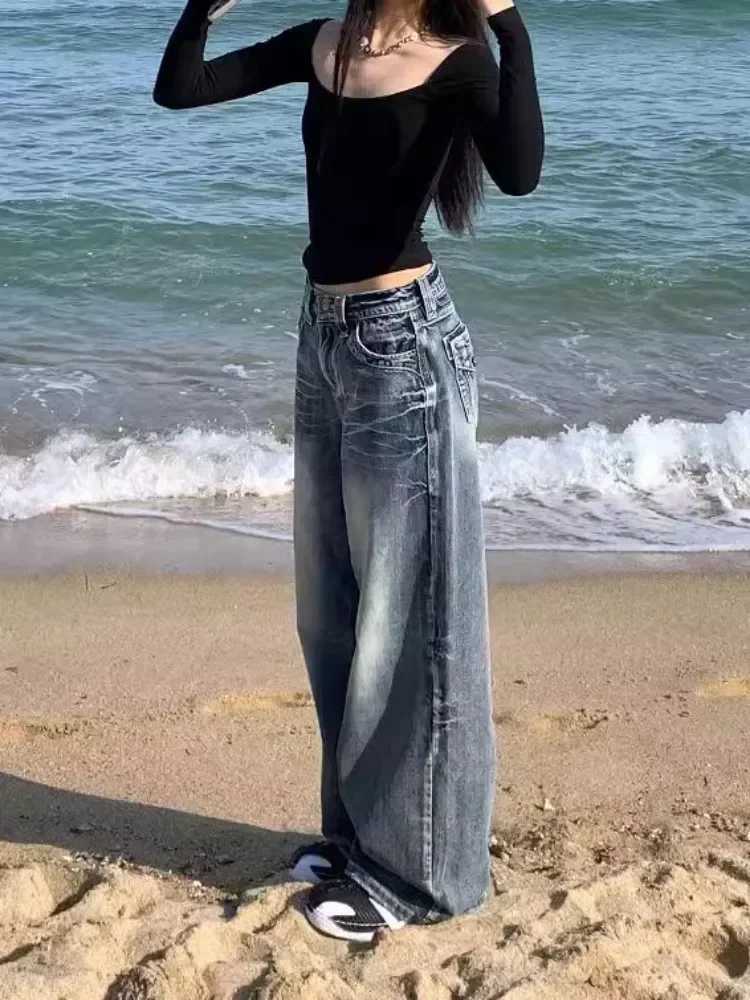 HOUZHOU Y2k 2000s Vintage Baggy Jeans Woman Harajuku Streetwear Oversize Denim Pants Korean Style Gyaru Grunge Hip Hop TrousersT250314