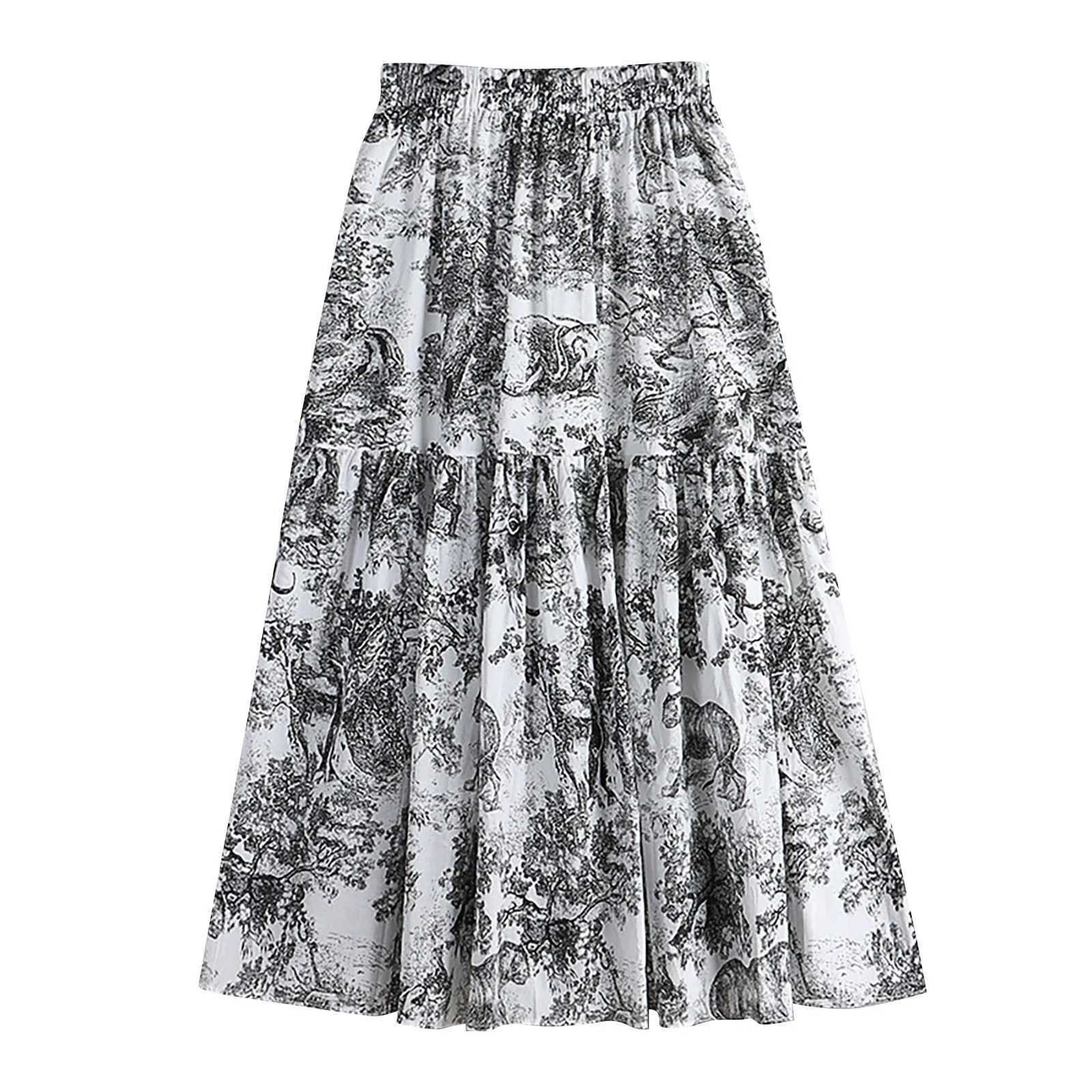 Skirts Sparkly Skirts Womens Spring/Summer Waist Vintage Ink Painting Printed Cotton Leather Medium Length Metal Leather Y2503143AXH