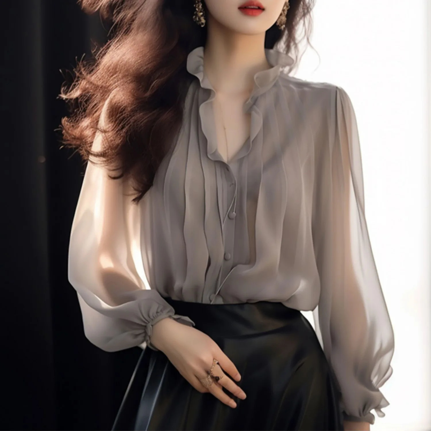 Ruffles Full Sleeves Oversize Chiffon Shirts Tops Fashion Womens Solid Color Elegant V-neck Spring Summer French n 250313